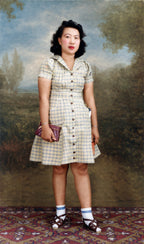 Grandmother smiling in nostalgic Hong Kong family photo animation. Enhanced and colorized photo