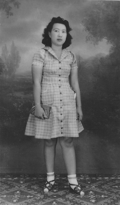 Vintage black and white photo of Grandmother smiling in nostalgic Hong Kong family photo animation